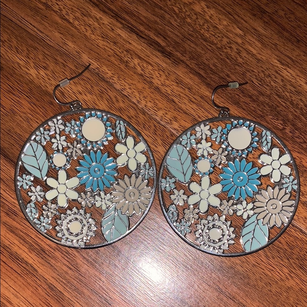 Floral Hoop Earrings in Blue and Beige